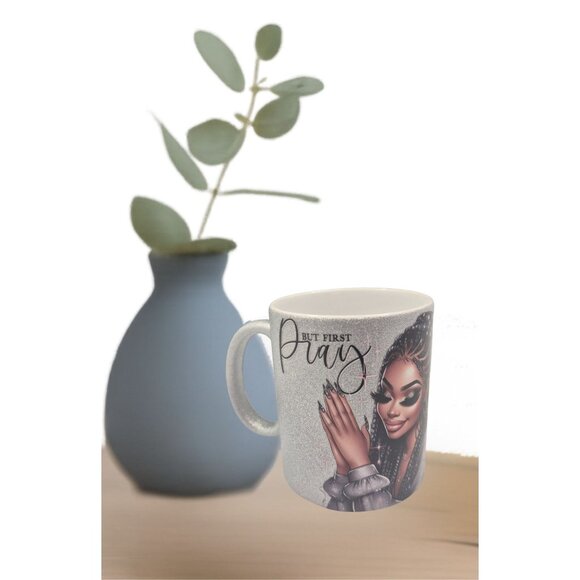 Handmade 12 oz Coffee Mug – “But First Pray” Glitter Silver Cup | Inspirational - Picture 2 of 7
